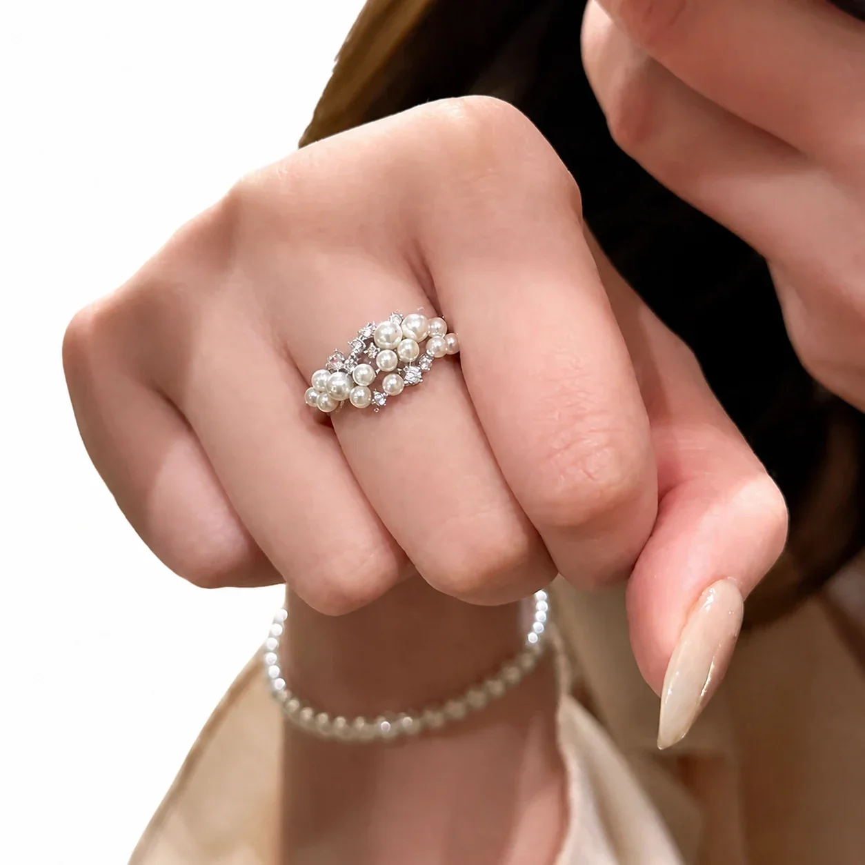 Cloud Cluster Silver-Plated Pearl CZ Open Ring