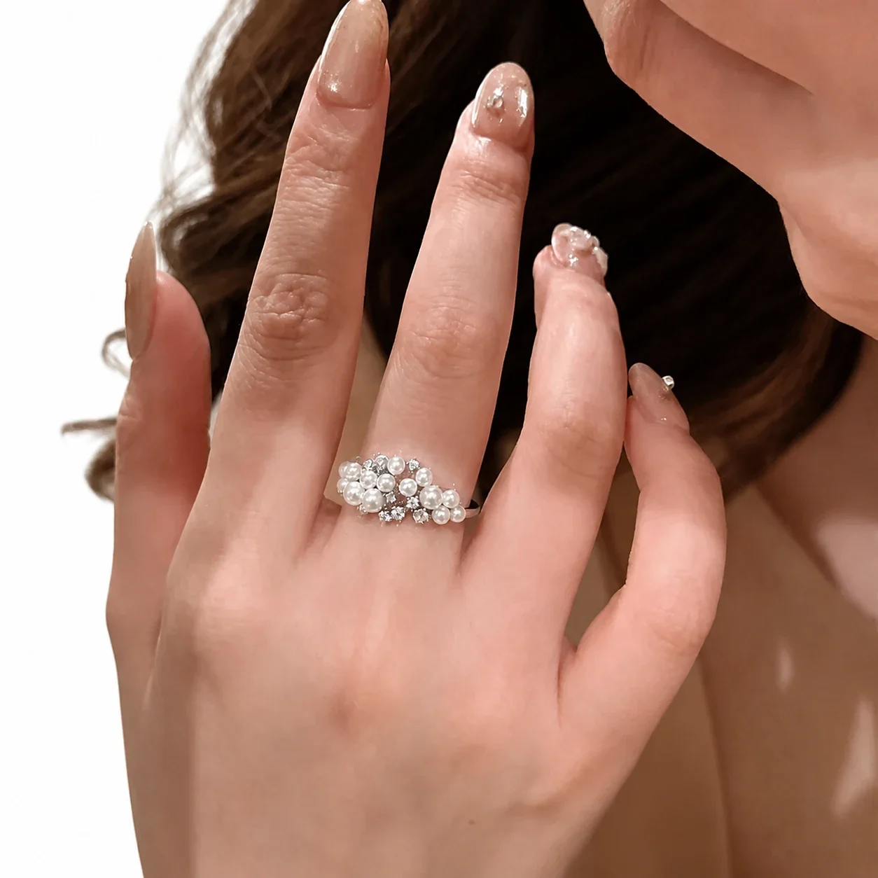 Cloud Cluster Silver-Plated Pearl CZ Open Ring