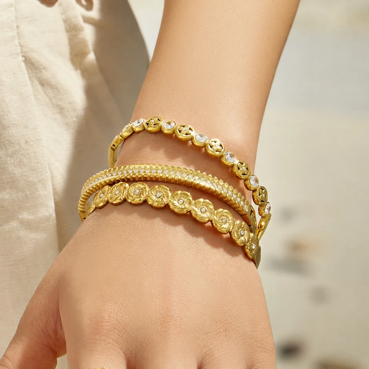 Ornate Floral Stainless Steel Round CZ Hinge Bangle