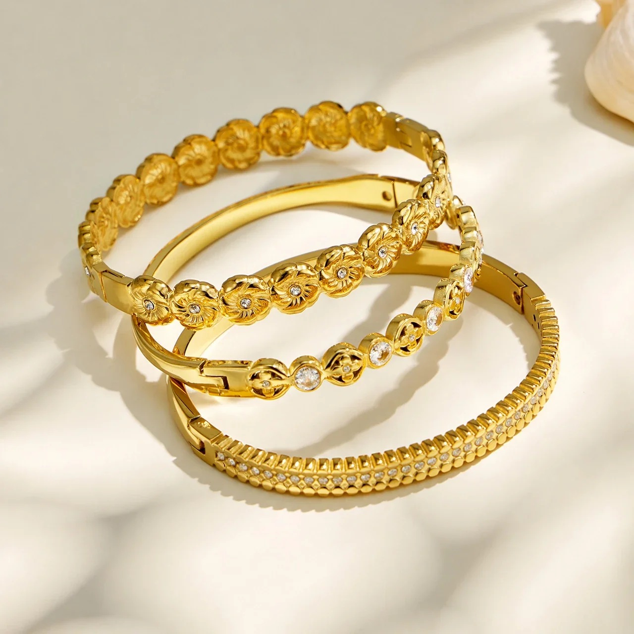 Ornate Floral Stainless Steel Round CZ Hinge Bangle