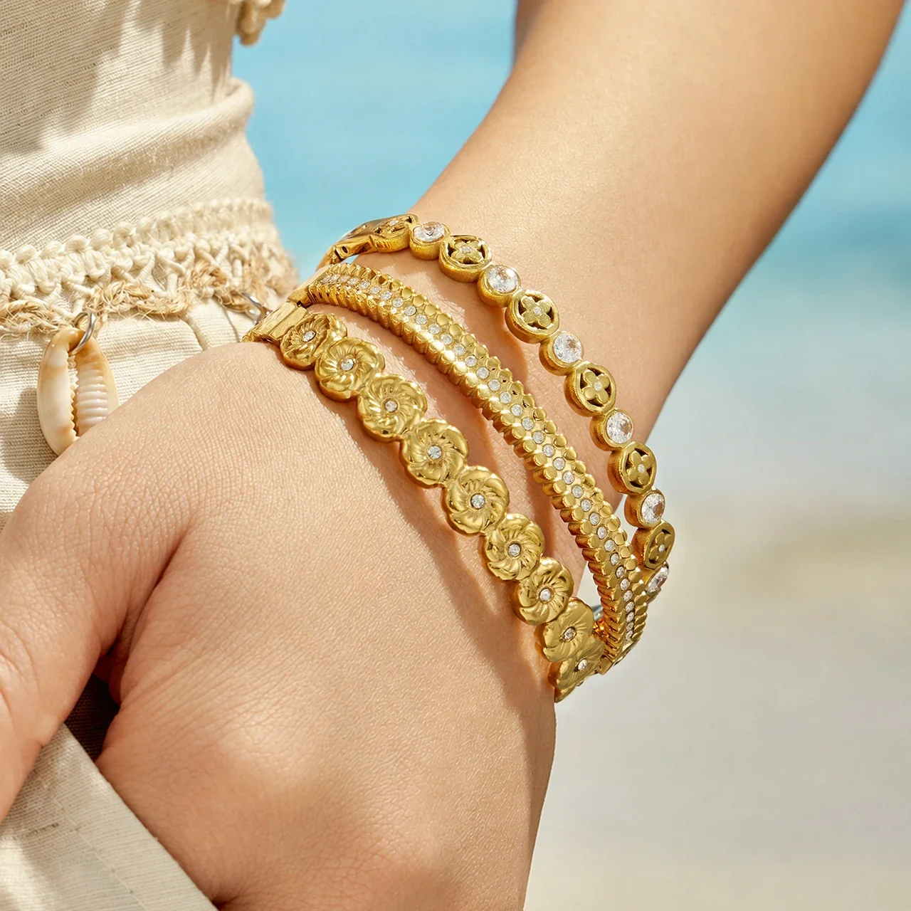 Ornate Floral Stainless Steel Round CZ Hinge Bangle