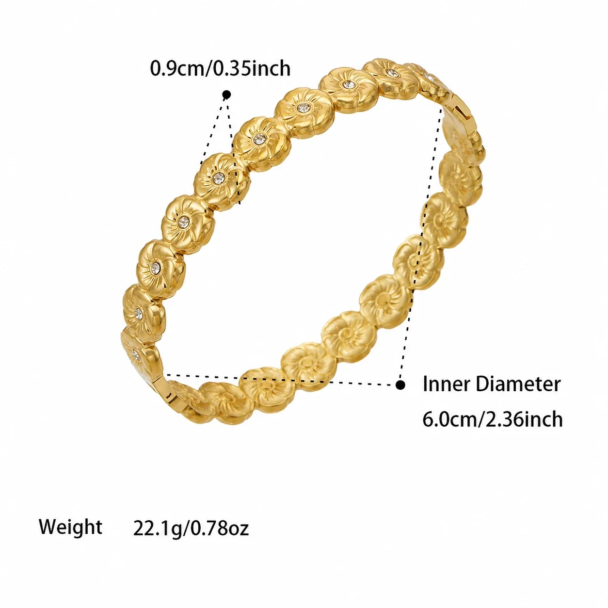 Ornate Floral Stainless Steel Round CZ Hinge Bangle - Gold Floral CZ