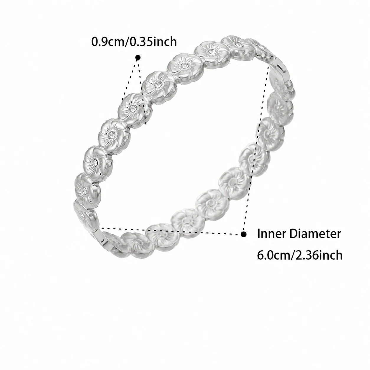 Ornate Floral Stainless Steel Round CZ Hinge Bangle - Silver Floral CZ