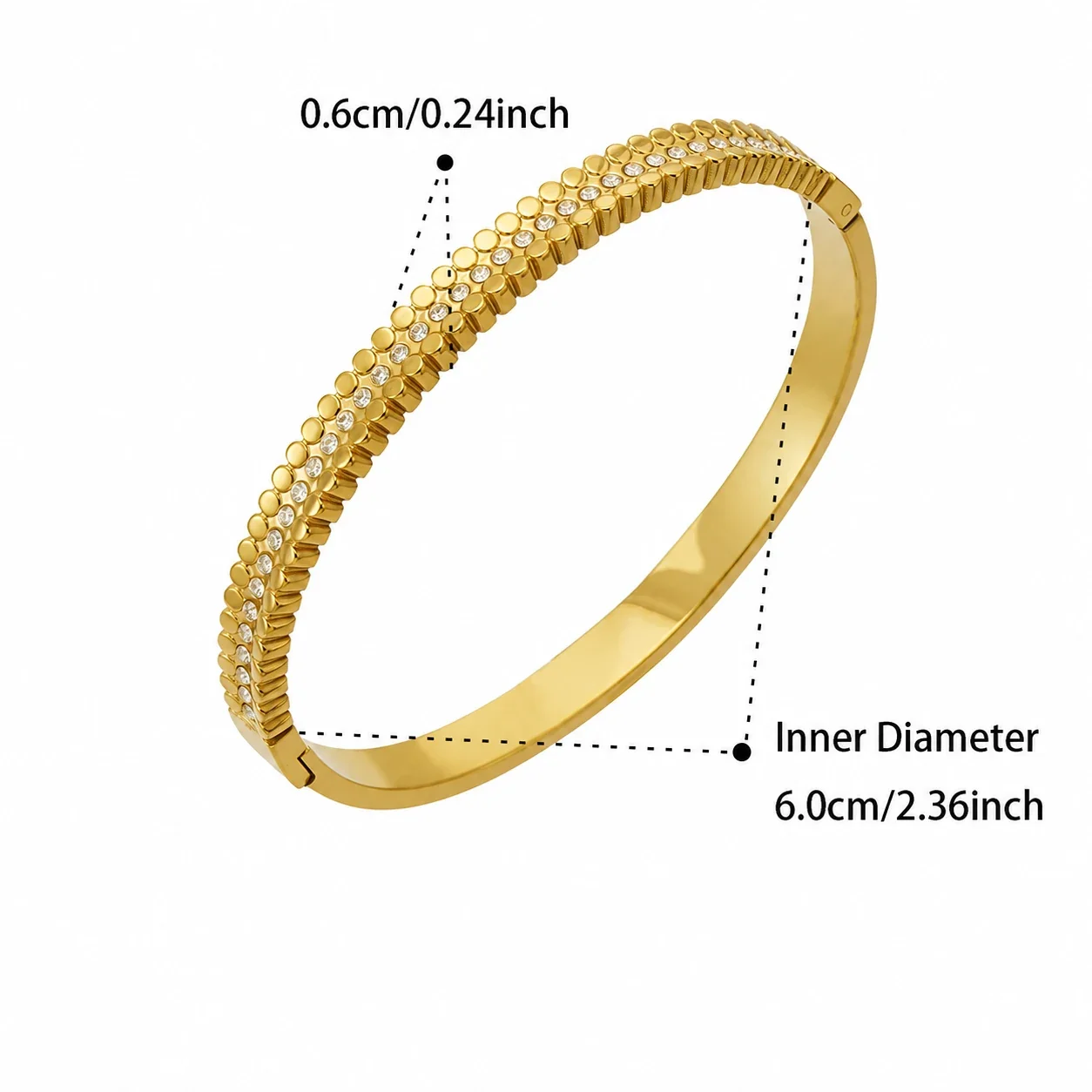 Ornate Floral Stainless Steel Round CZ Hinge Bangle - Gold Ribbed CZ