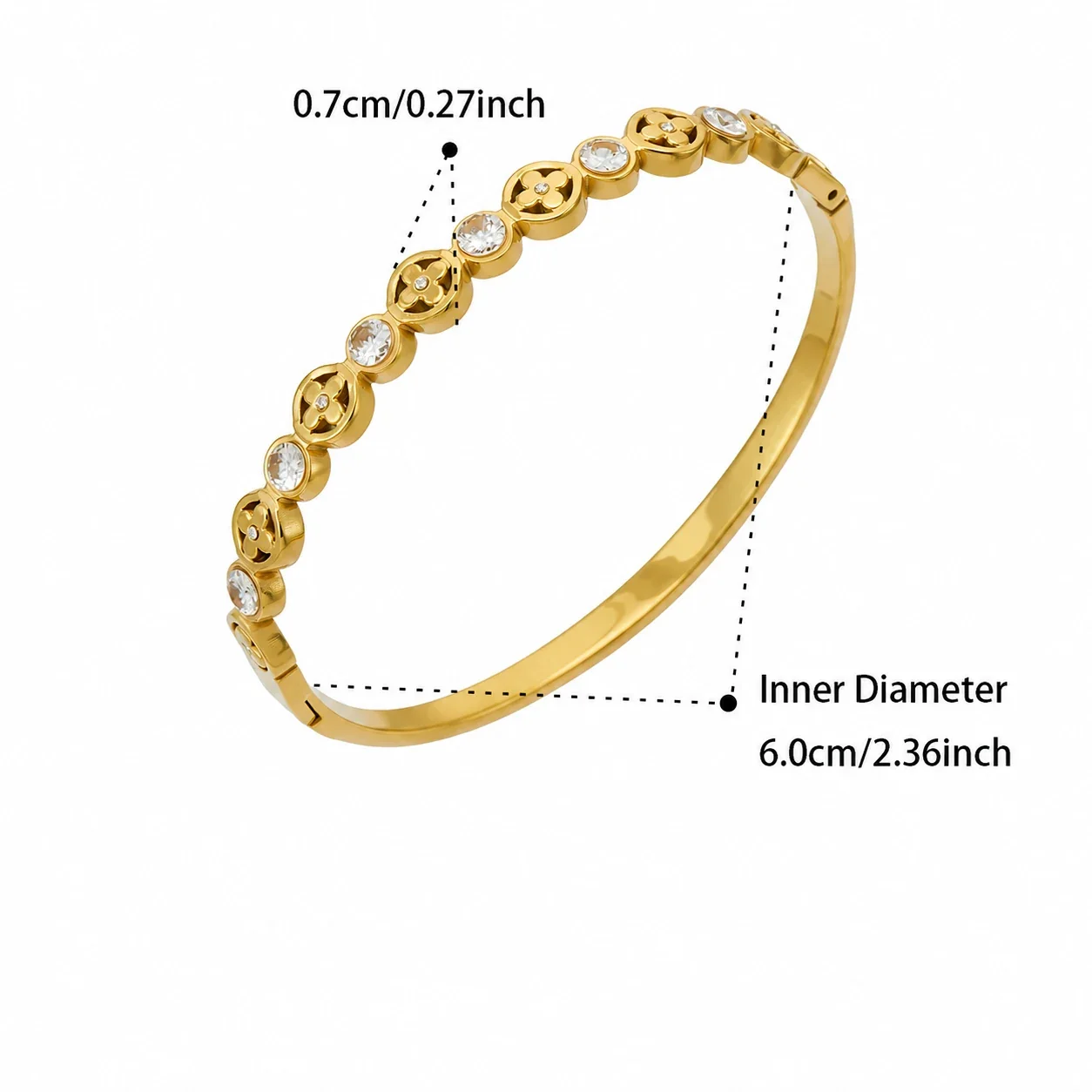 Ornate Floral Stainless Steel Round CZ Hinge Bangle - Gold Openwork Floral CZ
