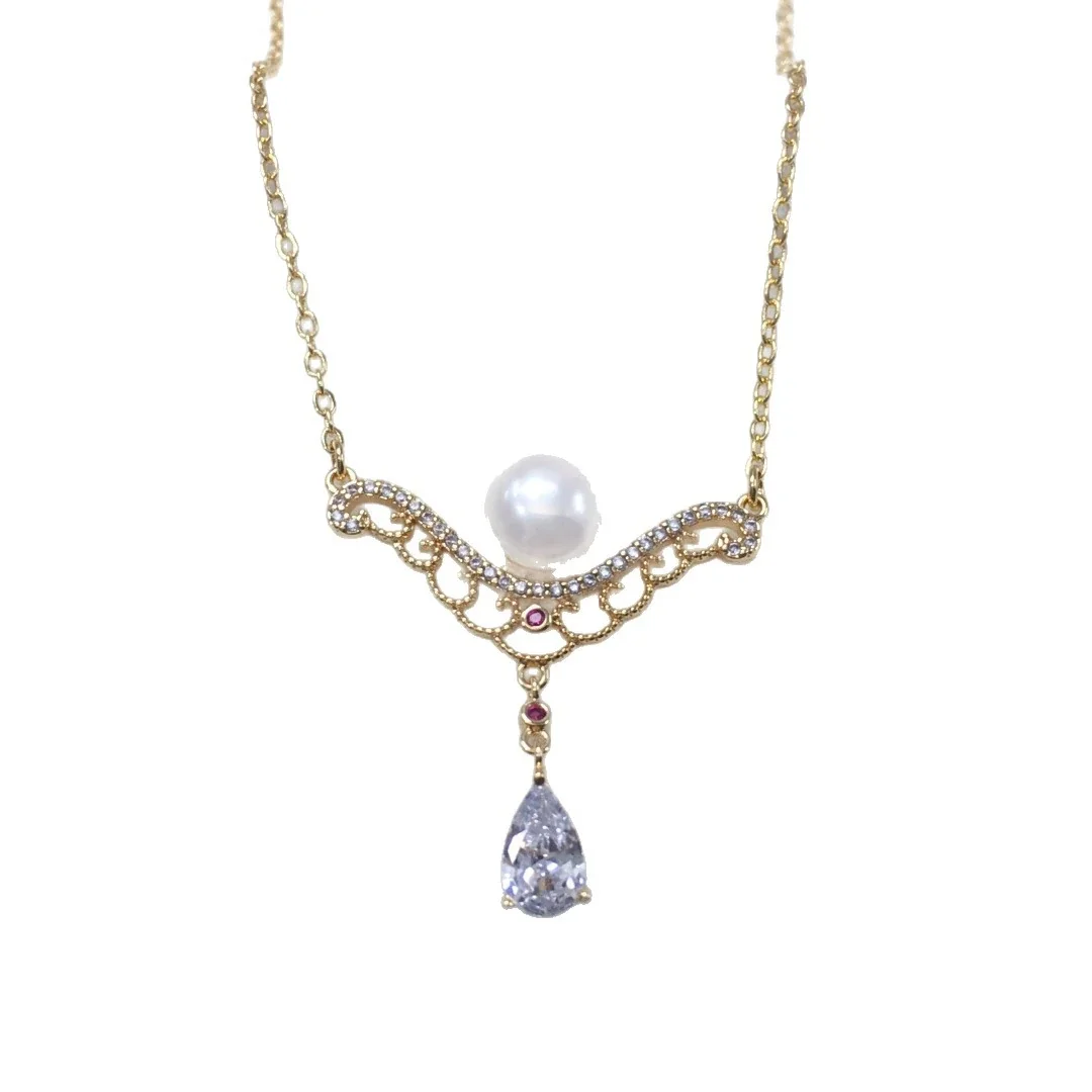 Regal Gold-Plated Filigree Pearl Teardrop Pendant Necklace