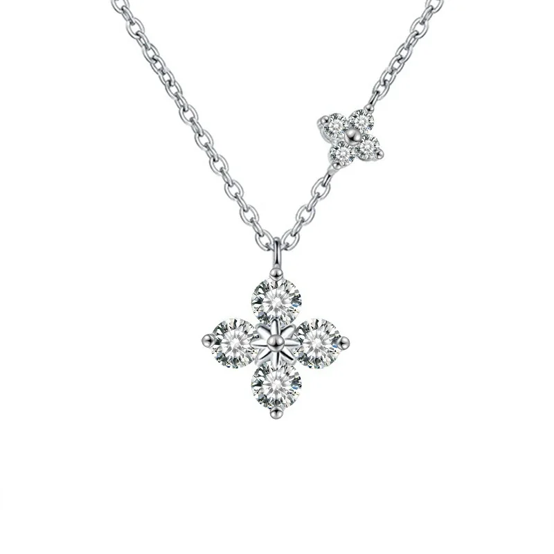 Polished 925 Sterling Silver Four-Stone Clover Moissanite Pendant Necklace
