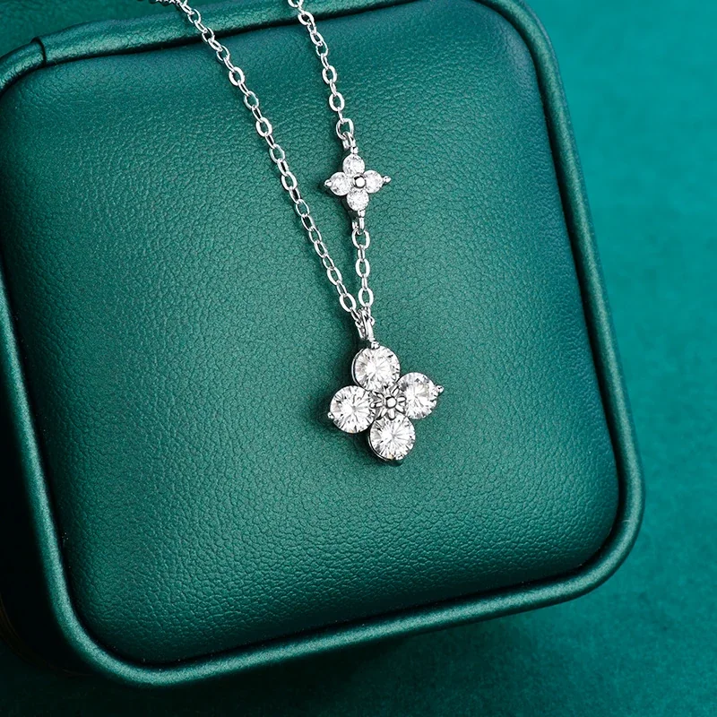 Polished 925 Sterling Silver Four-Stone Clover Pendant Necklace