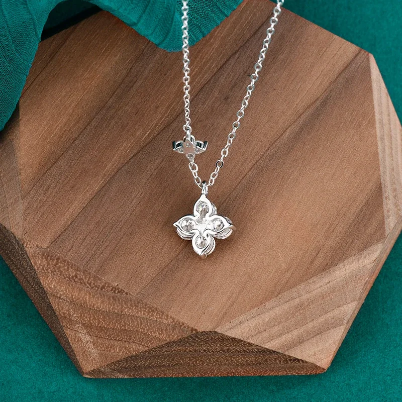 Polished 925 Sterling Silver Four-Stone Clover Pendant Necklace