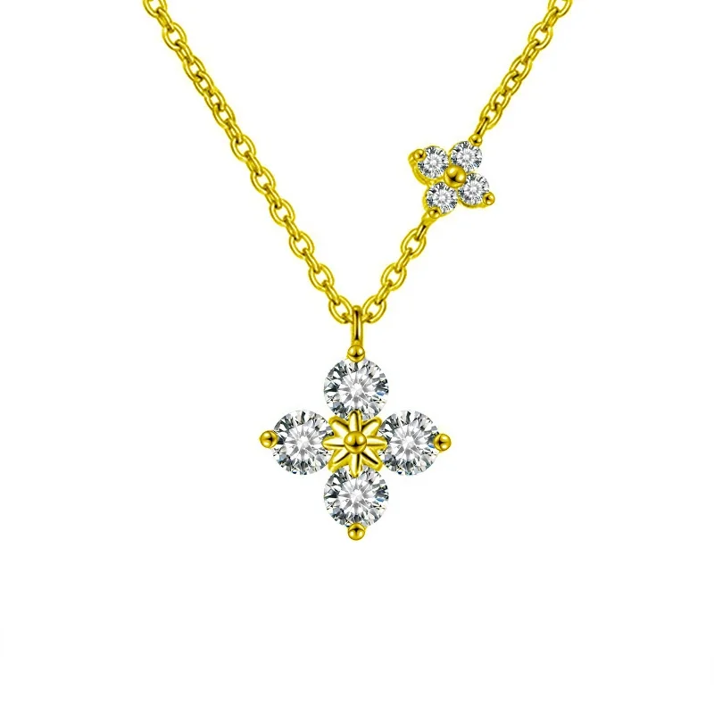 Polished 925 Sterling Silver Four-Stone Clover Pendant Necklace - Gold