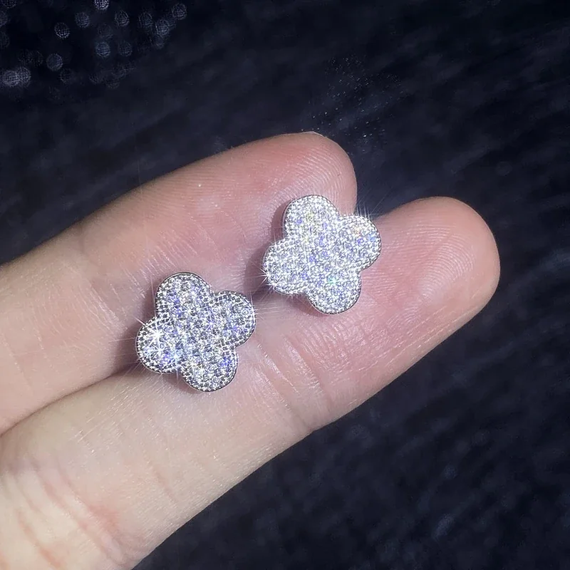 Pavé Clover 925 Sterling Silver Moissanite Stud Earrings