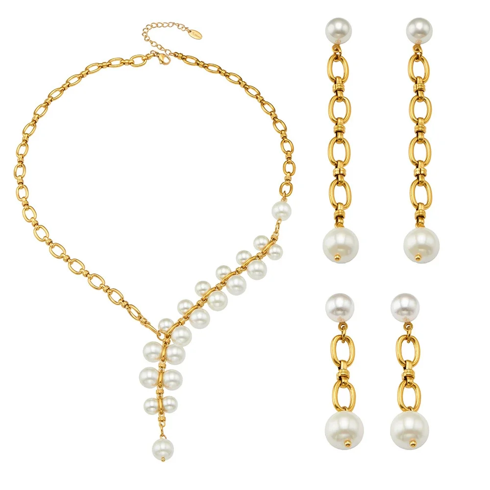 Asymmetric Shell Pearl Link Stainless Steel Drop Earrings