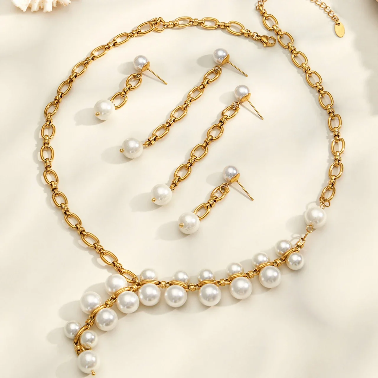 Asymmetric Shell Pearl Link Stainless Steel Drop Earrings