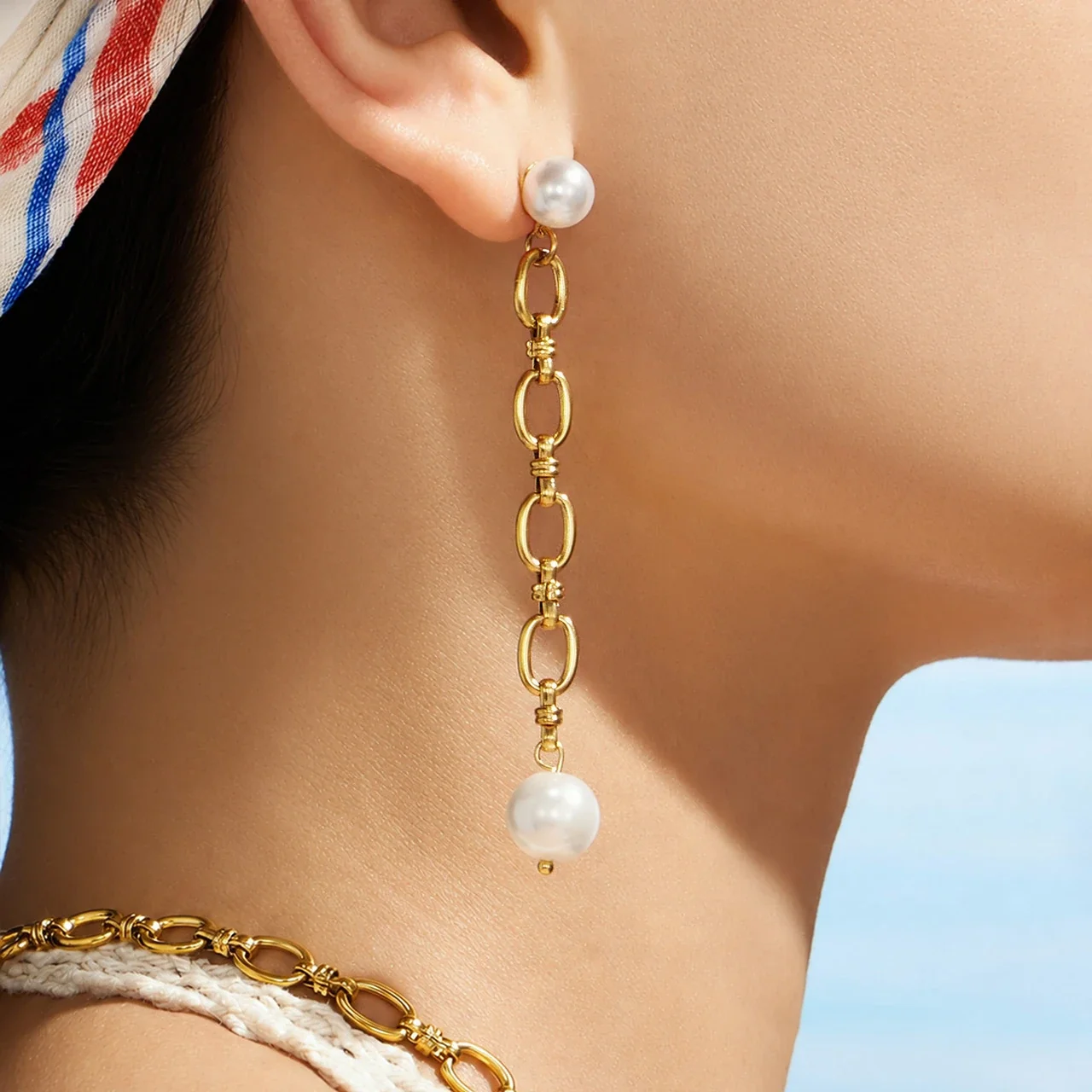 Asymmetric Shell Pearl Link Stainless Steel Drop Earrings