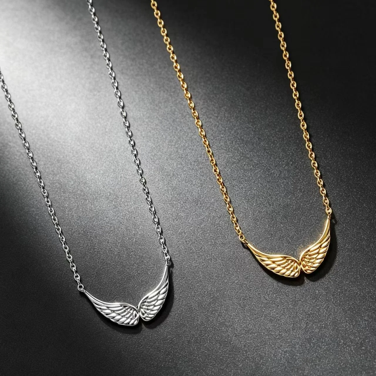 Polished Stainless Steel Twin Feathered Wing Necklace