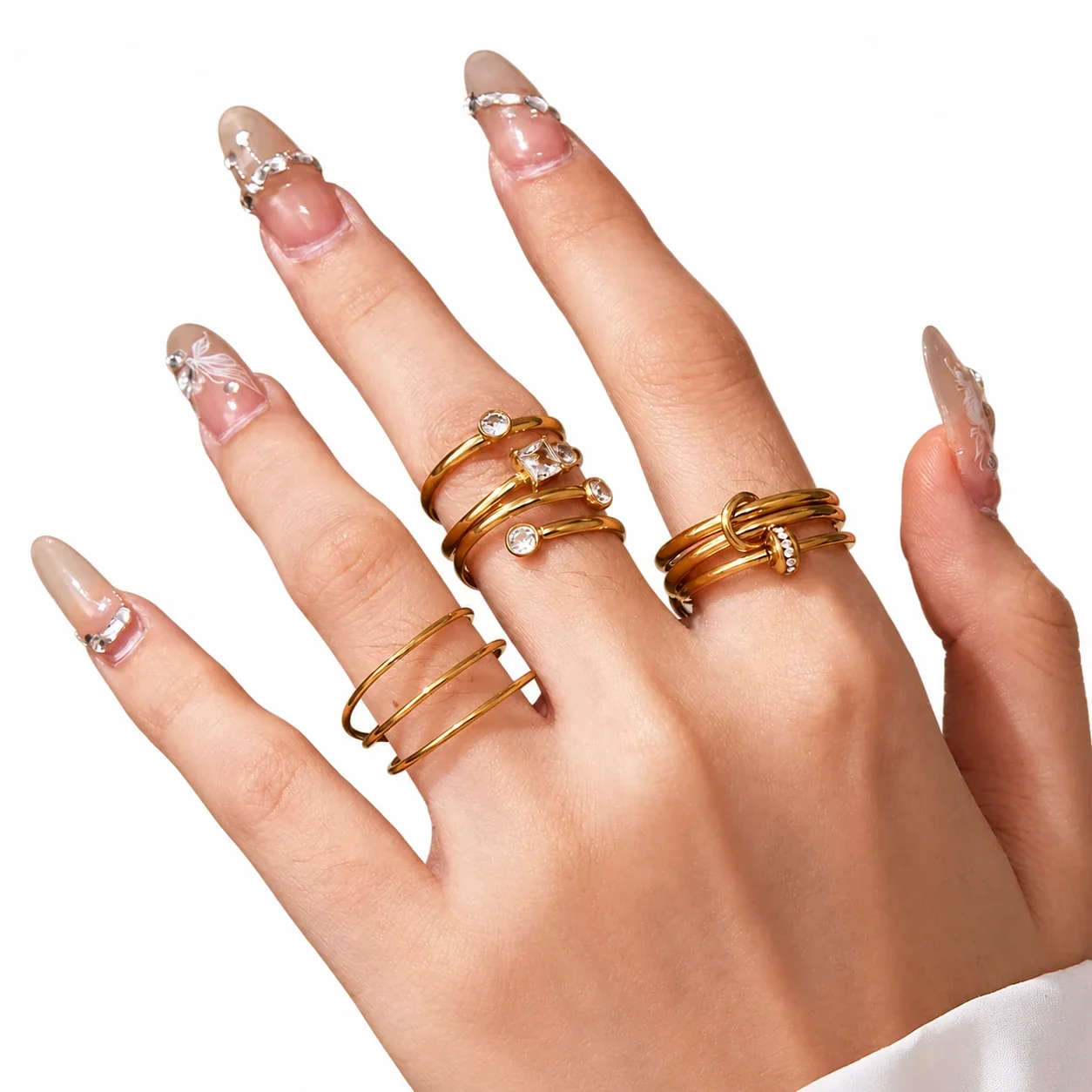 Sculptural Open-Front CZ Multi-Band Stainless Steel Ring