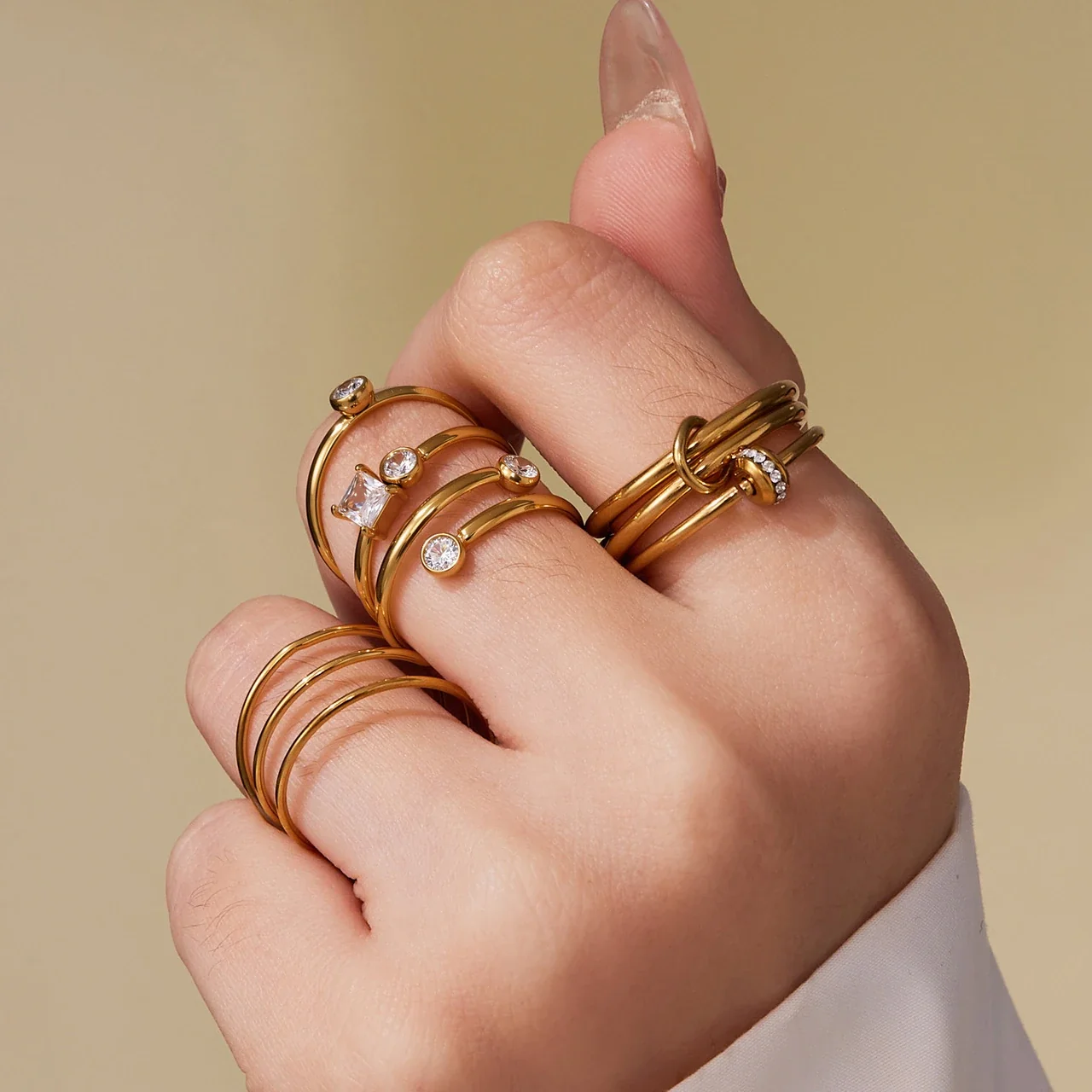 Sculptural Open-Front CZ Multi-Band Stainless Steel Ring