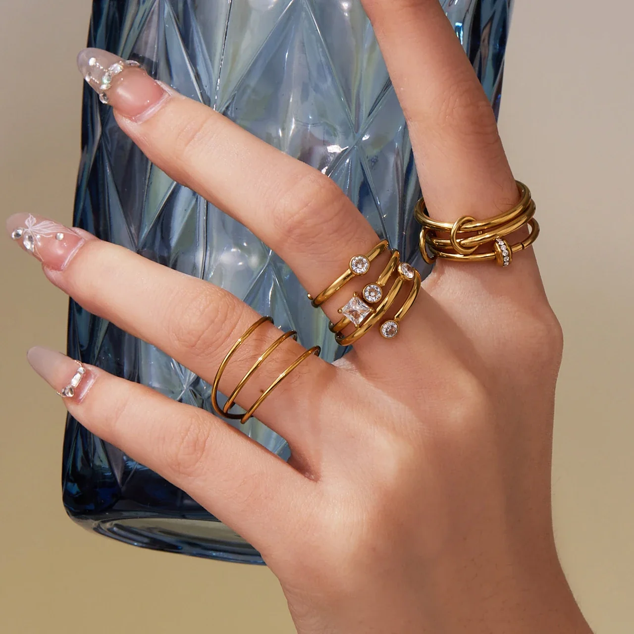 Sculptural Open-Front CZ Multi-Band Stainless Steel Ring