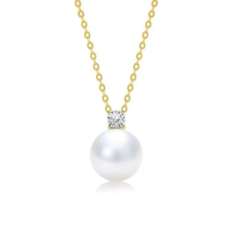 Lustrous 925 Sterling Silver Round Shell Pearl Pendant Necklace - Gold-tone