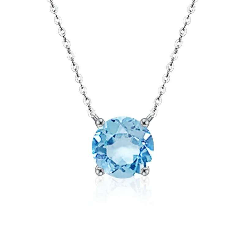 Radiant 925 sterling silver Round Four-Prong Necklace - Sky Blue Crystal