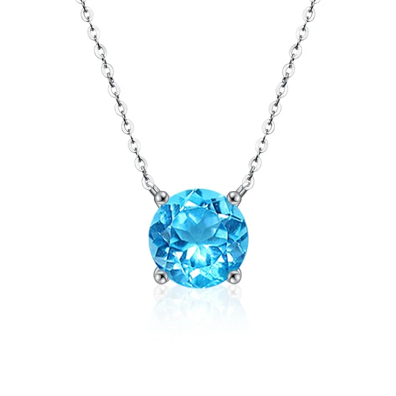Radiant 925 sterling silver Round Four-Prong Necklace - Swiss Blue Crystal