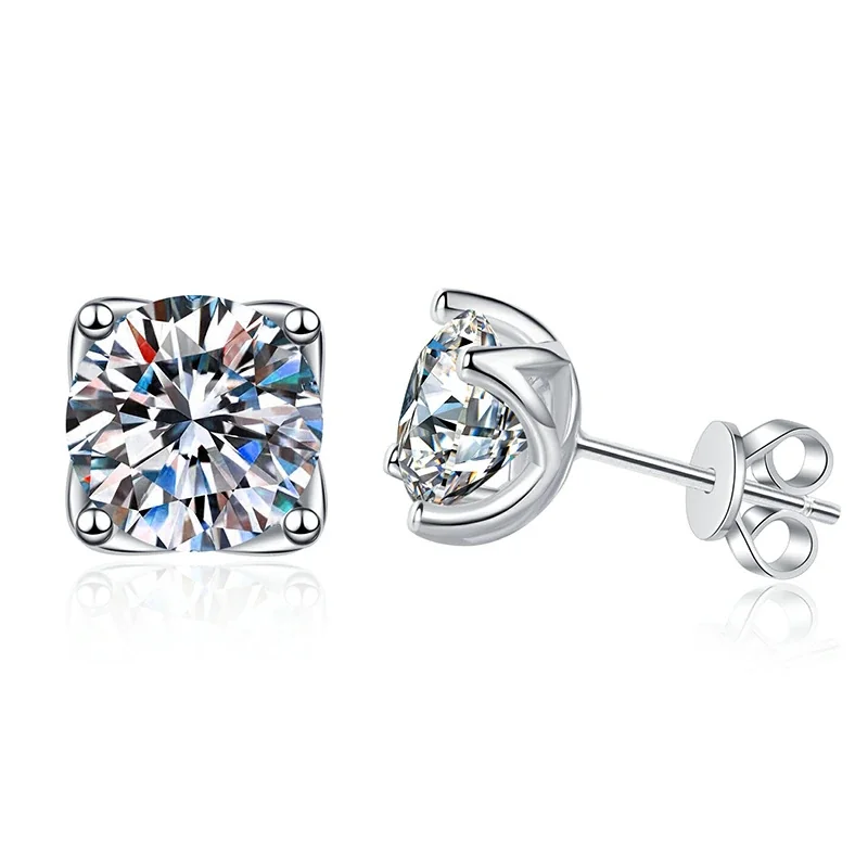Radiant Crown Basket Round Moissanite 925 Sterling Silver Stud Earrings