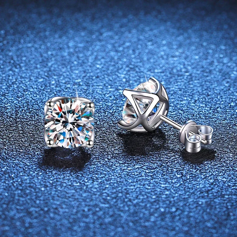 Radiant Crown Basket Round Moissanite 925 Sterling Silver Stud Earrings