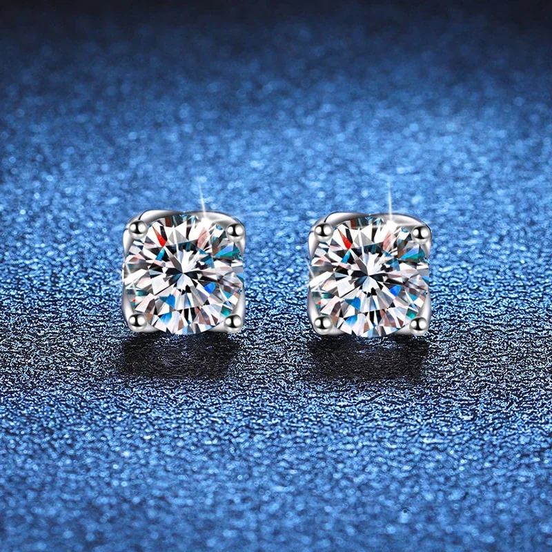Radiant Crown Basket Round Moissanite 925 Sterling Silver Stud Earrings
