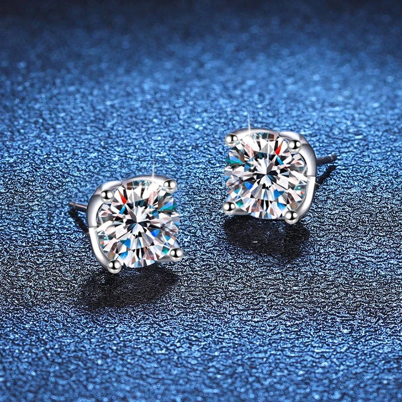 Radiant Crown Basket Round Moissanite 925 Sterling Silver Stud Earrings