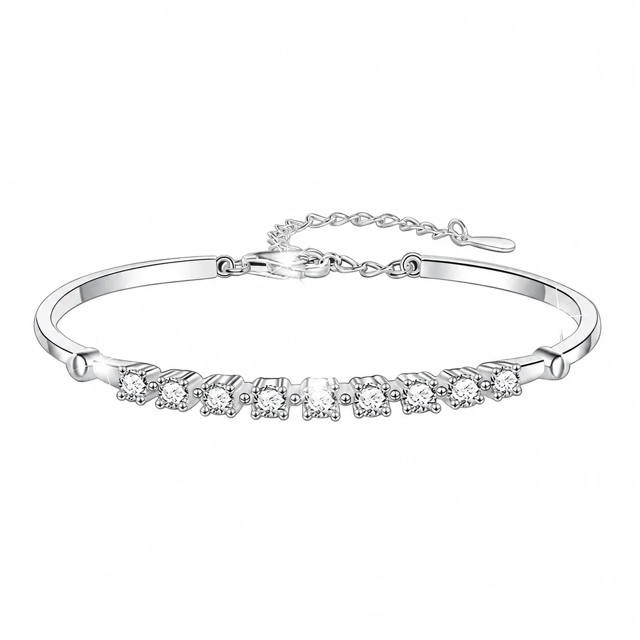 Adjustable 925 Sterling Silver Round Prong-Set Nine-Stone Bangle