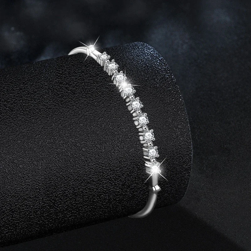 Adjustable 925 Sterling Silver Round Prong-Set Nine-Stone Bangle