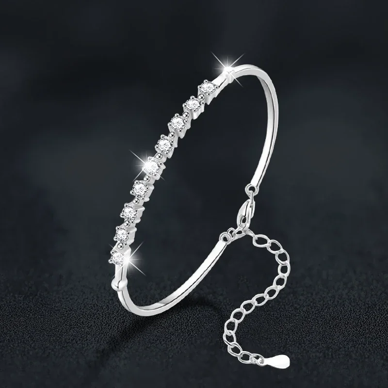 Adjustable 925 Sterling Silver Round Prong-Set Nine-Stone Bangle