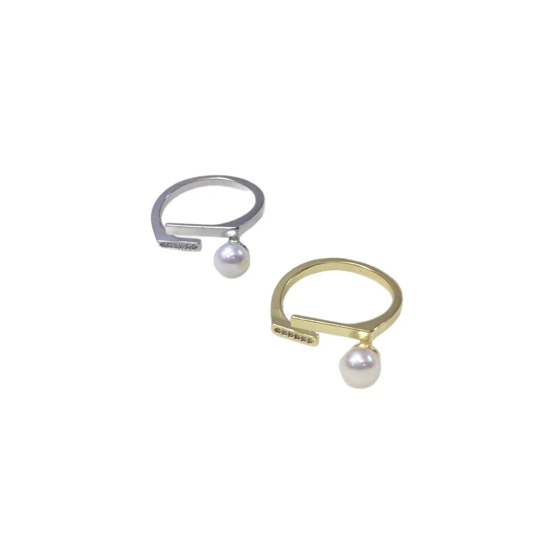 Asymmetric Bar Pearl Cubic Zirconia Open Ring