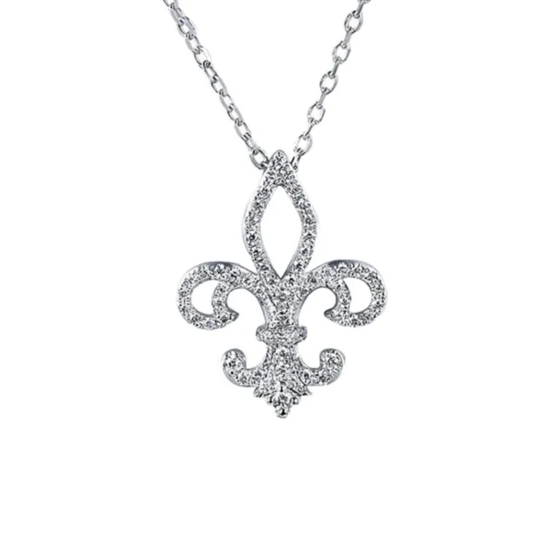 Ornate Fleur-De-Lis 925 Sterling Silver Pavé Pendant Necklace