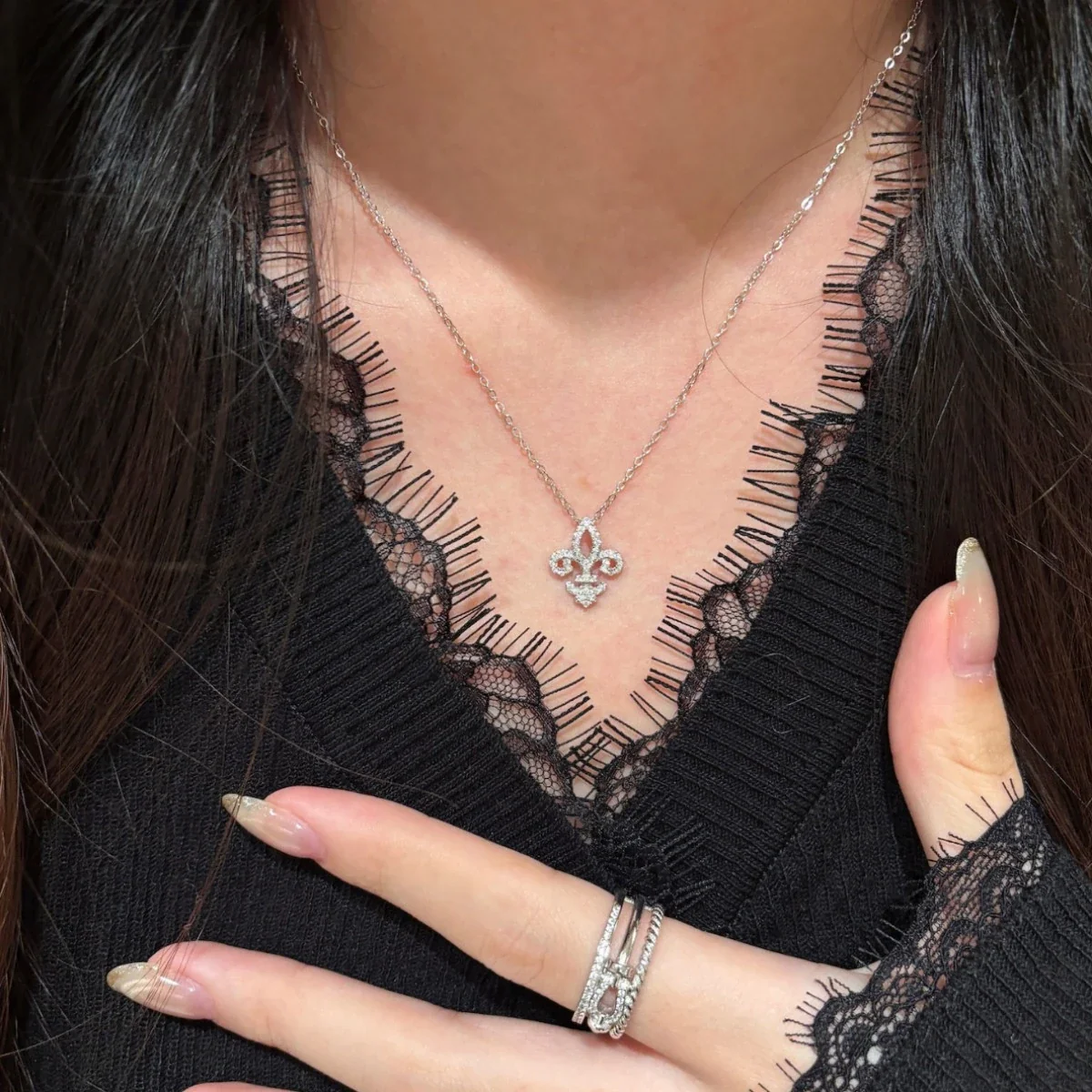 Ornate Fleur-De-Lis 925 Sterling Silver Pavé Pendant Necklace