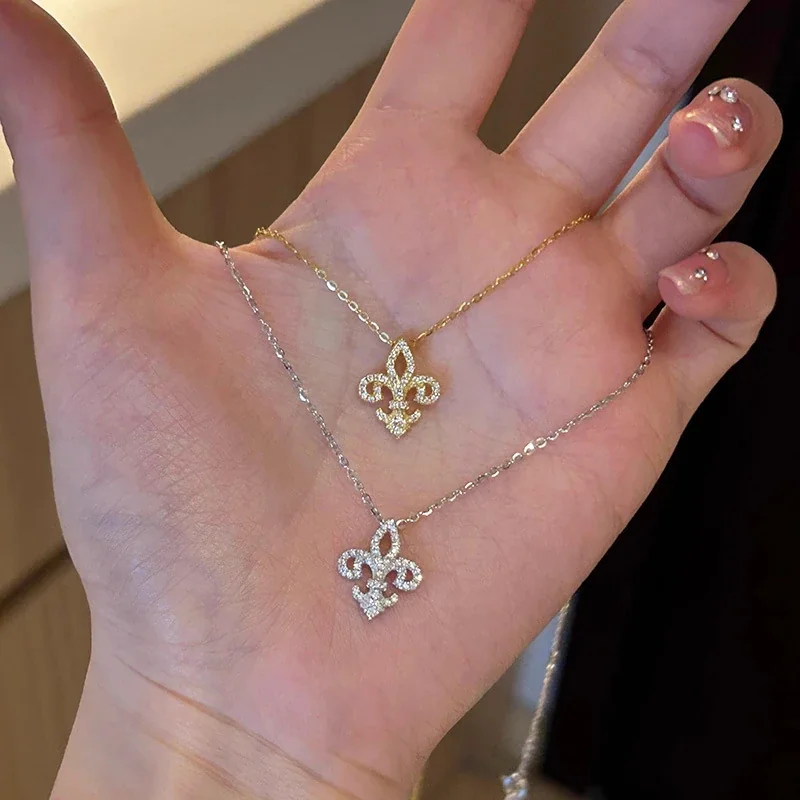 Ornate Fleur-De-Lis 925 Sterling Silver Pavé Pendant Necklace