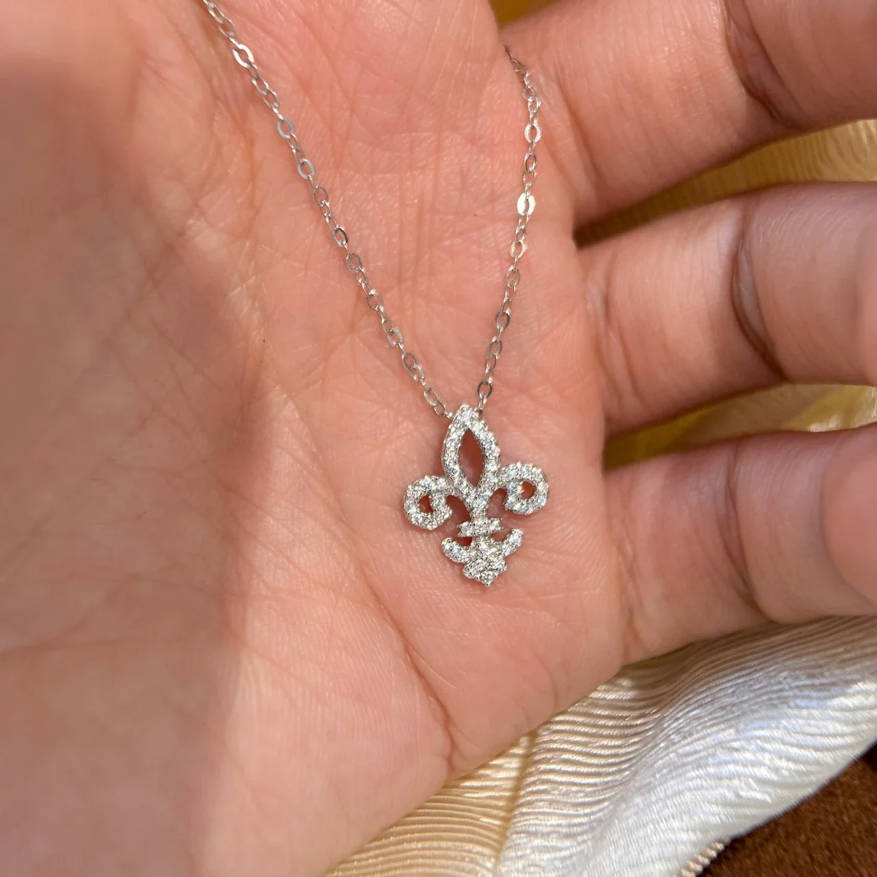 Ornate Fleur-De-Lis 925 Sterling Silver Pavé Pendant Necklace - Silver