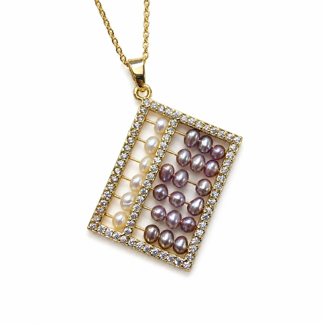 Ornate Gold-Plated Abacus Pearl & Crystal Pendant Necklace