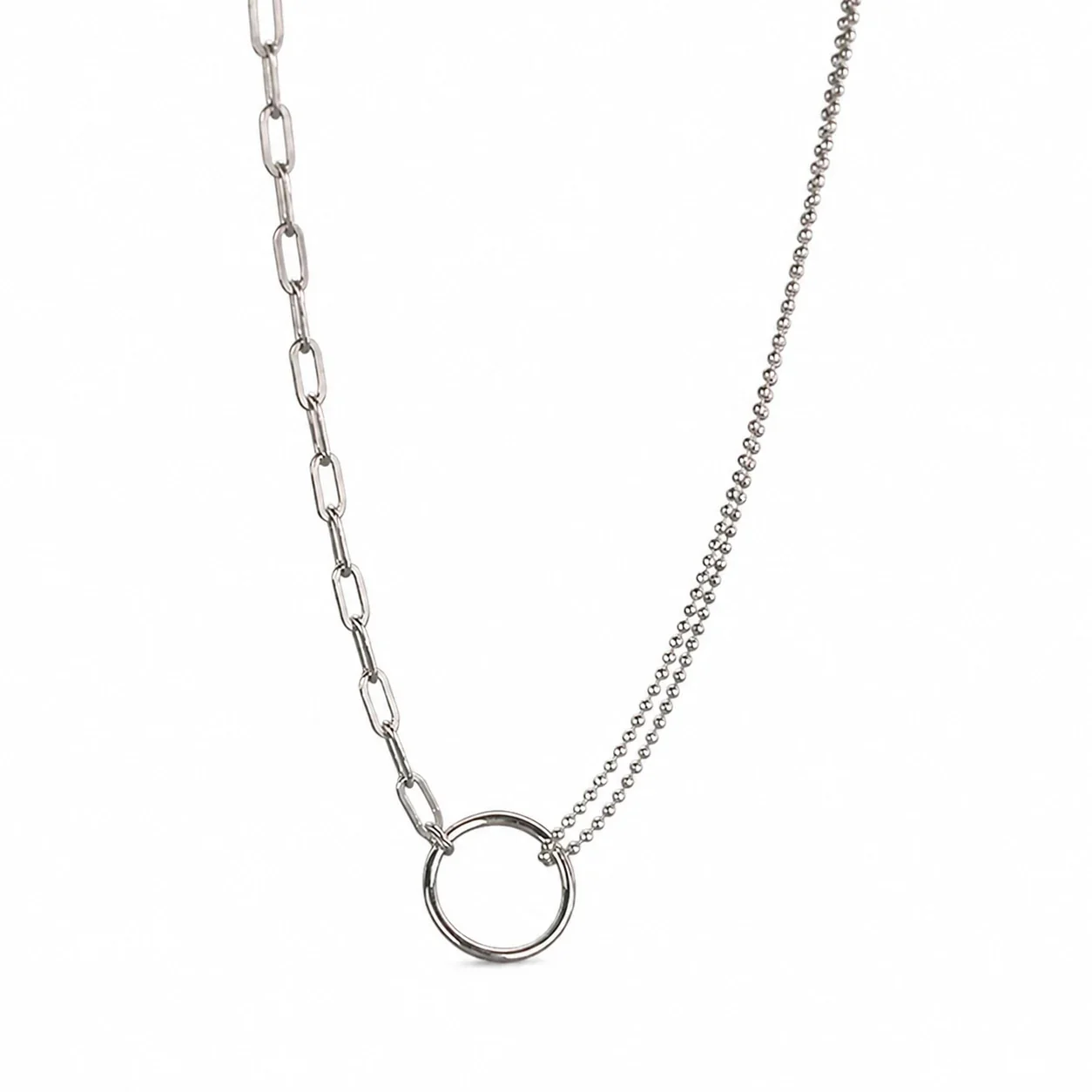 Asymmetric 925 Sterling Silver Ball Chain Ring Necklace