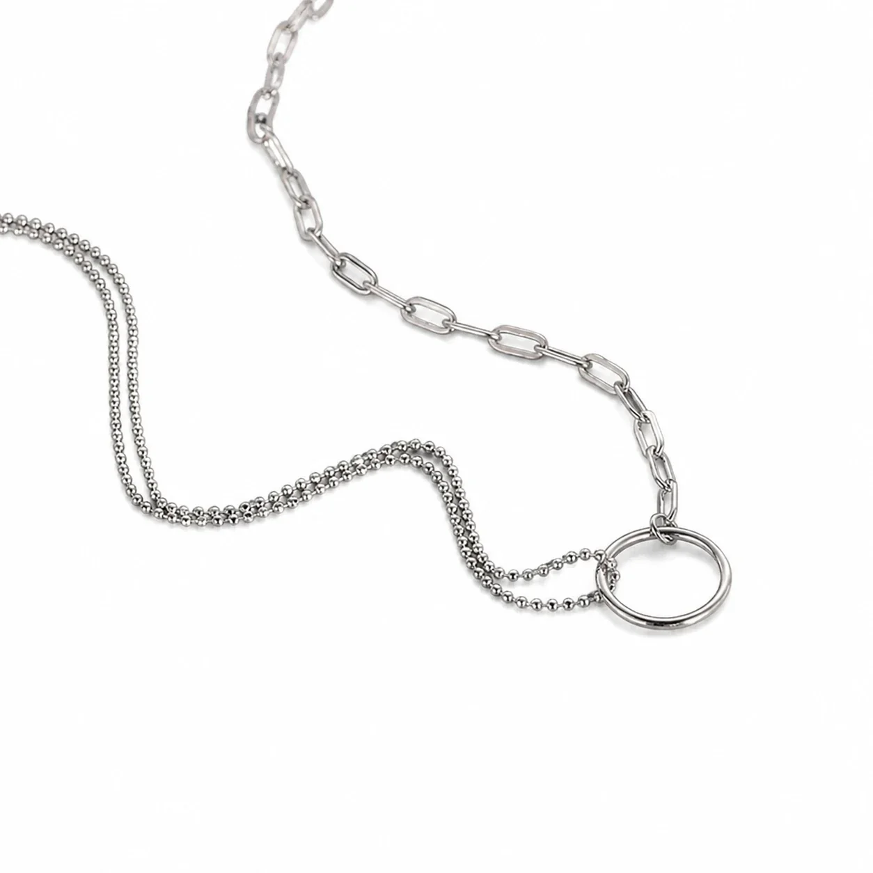Asymmetric 925 Sterling Silver Ball Chain Ring Necklace