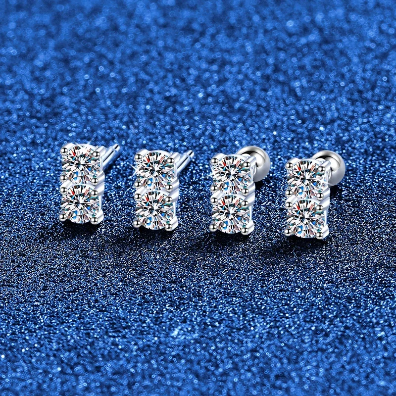 Mini Two-Stone 925 Sterling Silver Round Moissanite Stud Earrings