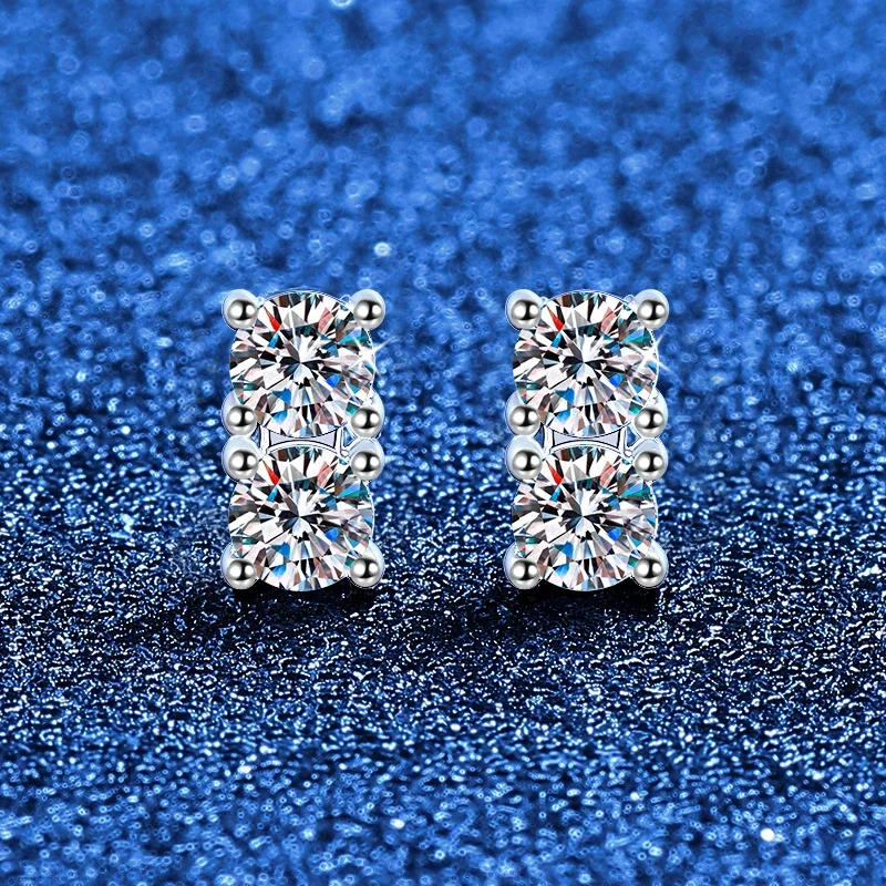 Mini Two-Stone 925 Sterling Silver Round Moissanite Stud Earrings