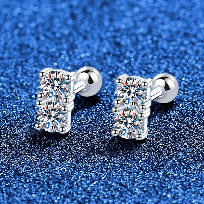 Mini Two-Stone 925 Sterling Silver Round Moissanite Stud Earrings