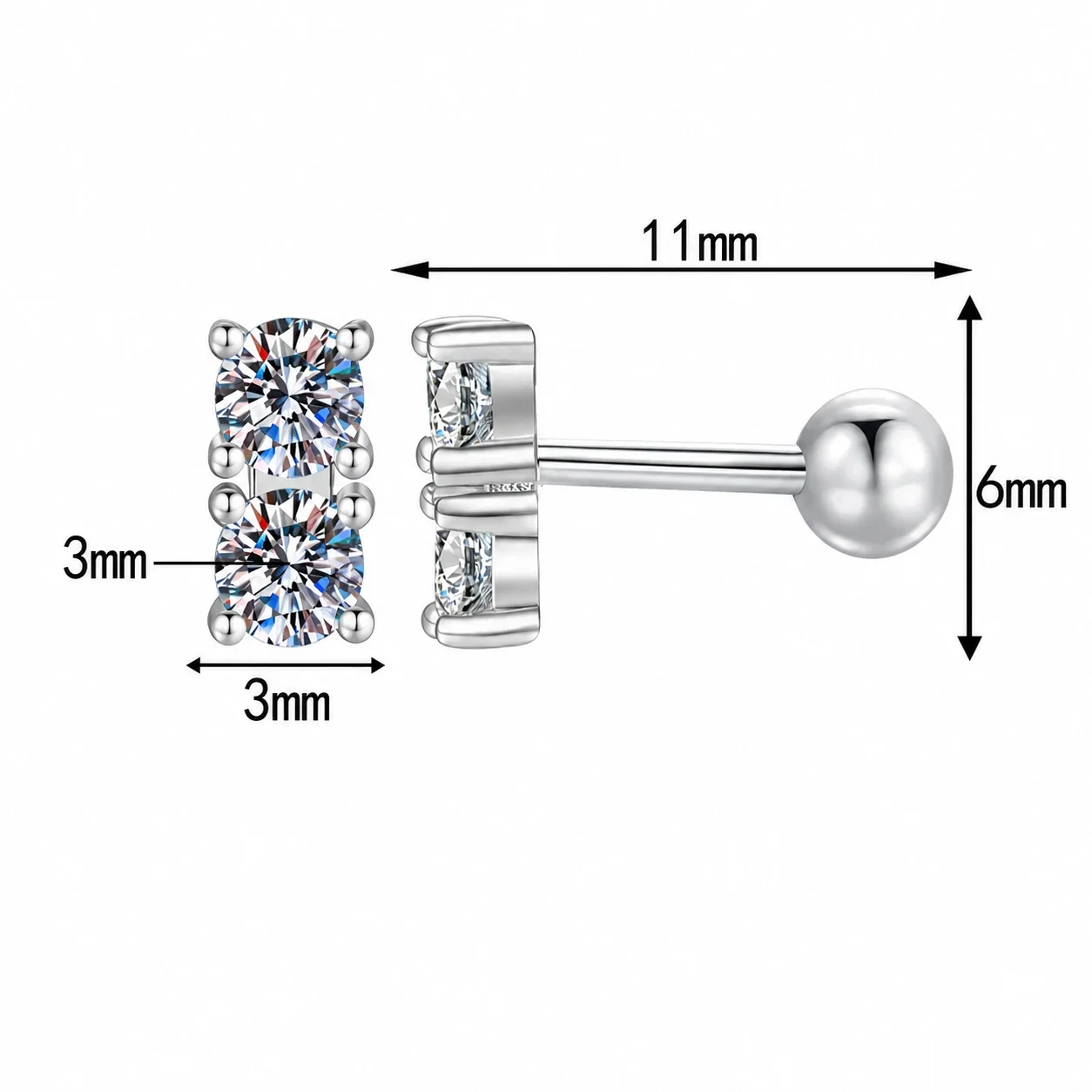 Mini Two-Stone 925 Sterling Silver Round Moissanite Stud Earrings - Silver Screw Back