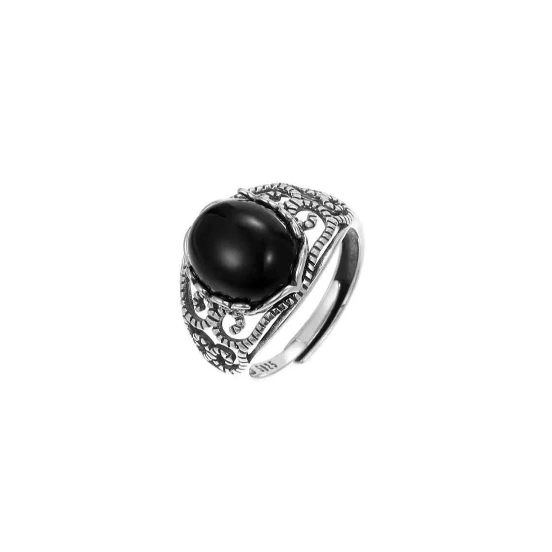 Ornate 925 Sterling Silver Black Agate Cabochon Openwork Ring
