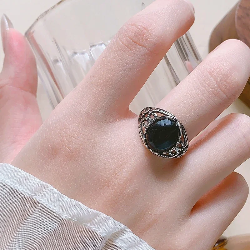 Ornate 925 Sterling Silver Black Agate Cabochon Openwork Ring
