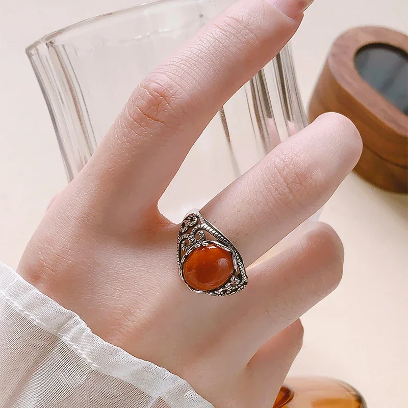 Ornate 925 Sterling Silver Black Agate Cabochon Openwork Ring