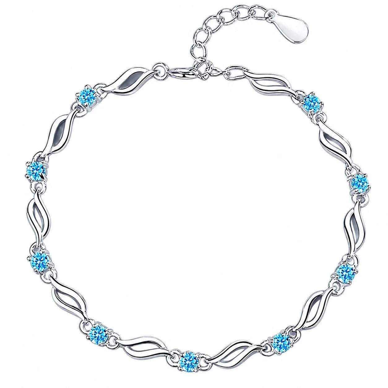 Twisted-Link Round CZ White Gold-Plated 925 Sterling Silver Bracelet
