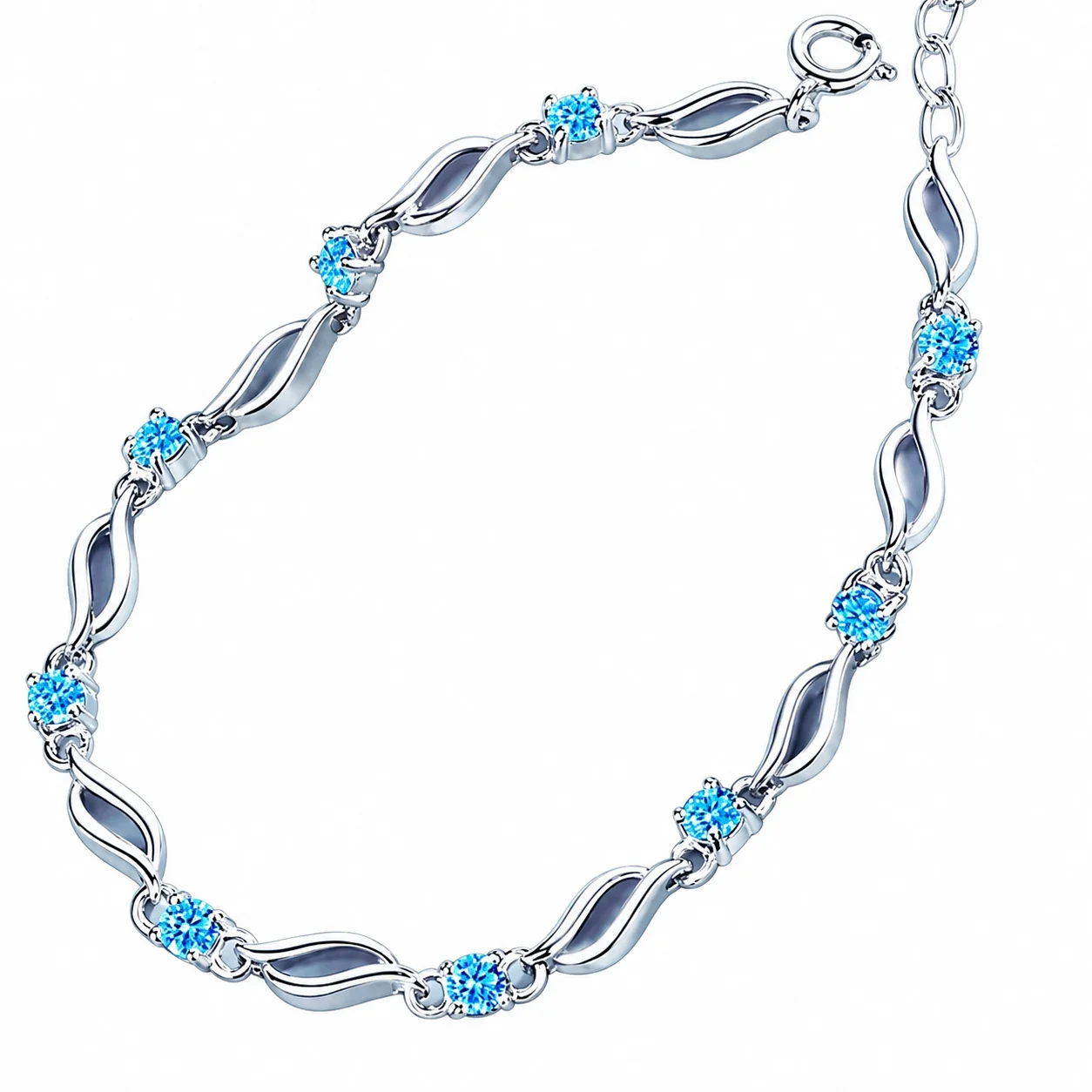 Twisted-Link Round CZ White Gold-Plated 925 Sterling Silver Bracelet
