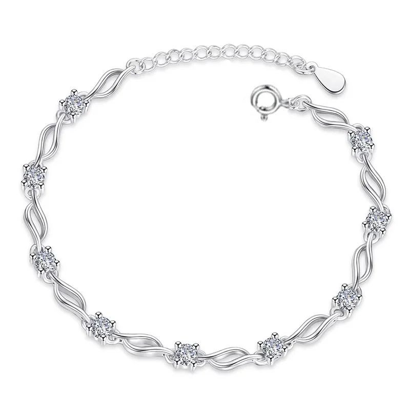 Twisted-Link Round CZ White Gold-Plated 925 Sterling Silver Bracelet